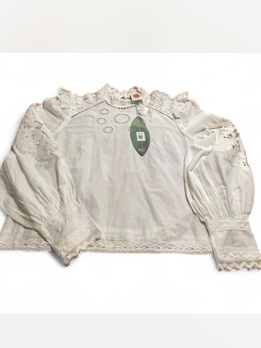 FARM Rio Cream Lace Crochet Puff-Sleeve Blouse